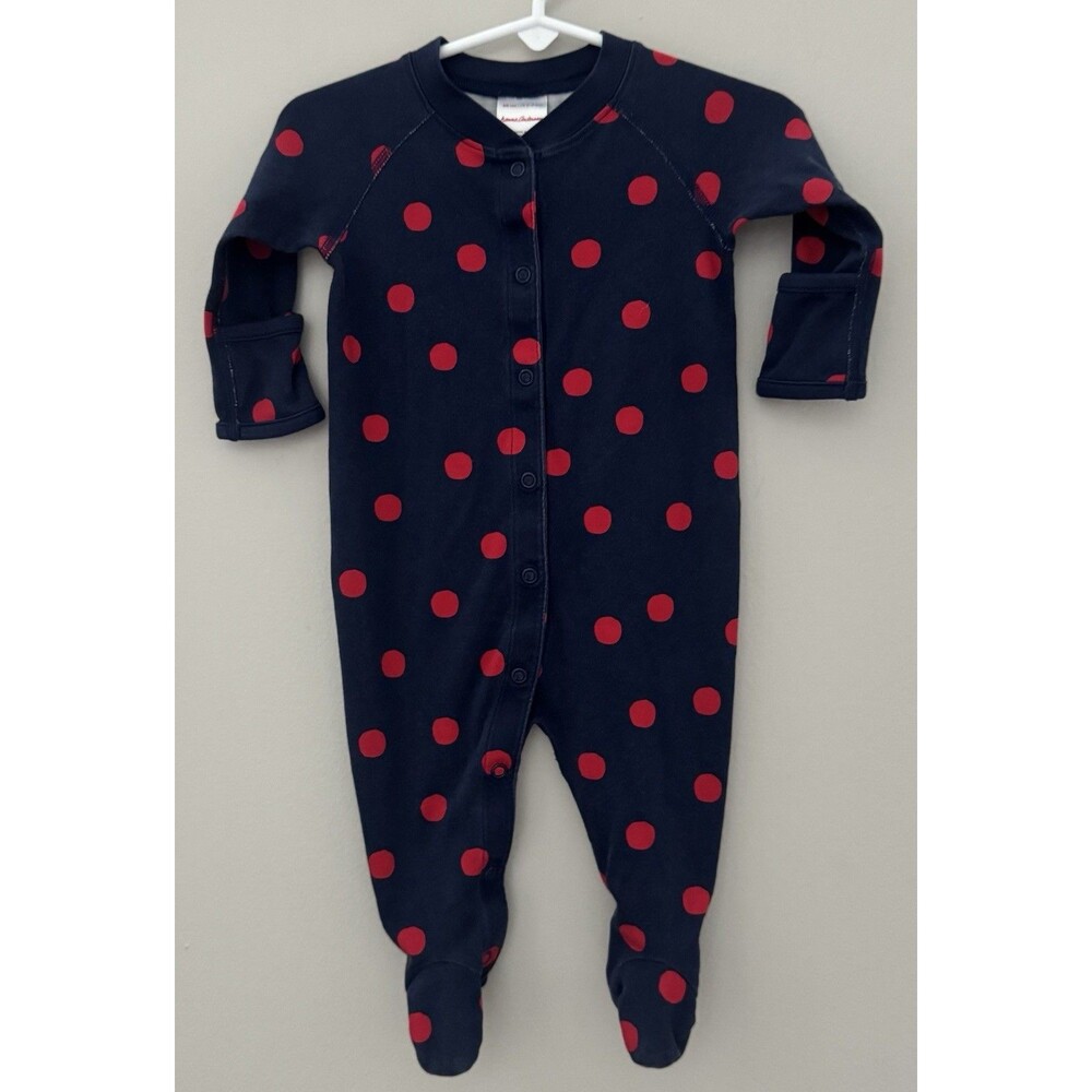 Hanna Andersson SZ 60 (3/6M) Navy Footie Pjs with Red Polka Dots and Hand Covers